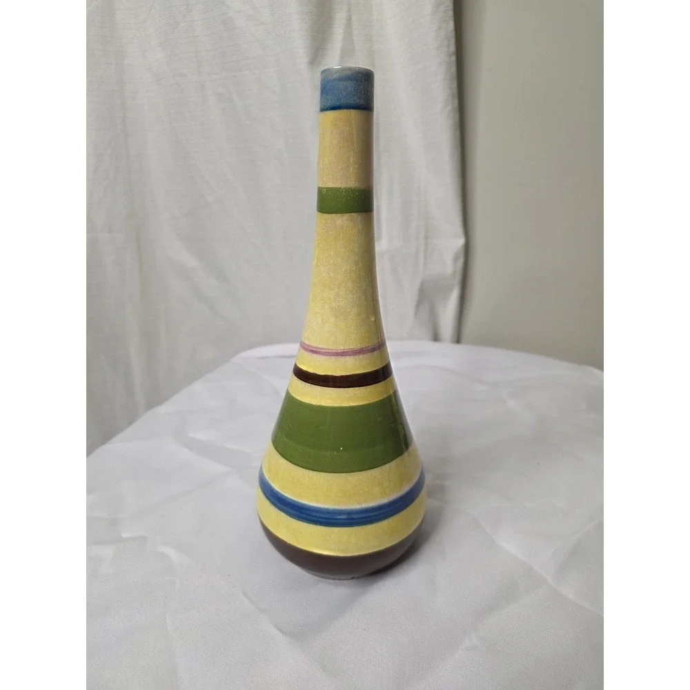 Vintage SECLA Portugal Hand Painted Striped Ceramic Bottle Vase Container